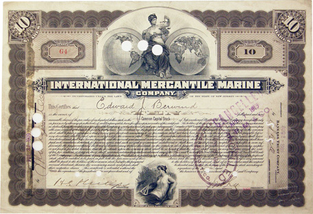 International Mercantile Marine Co. stock certificate rare issued 1900s common stock certificate